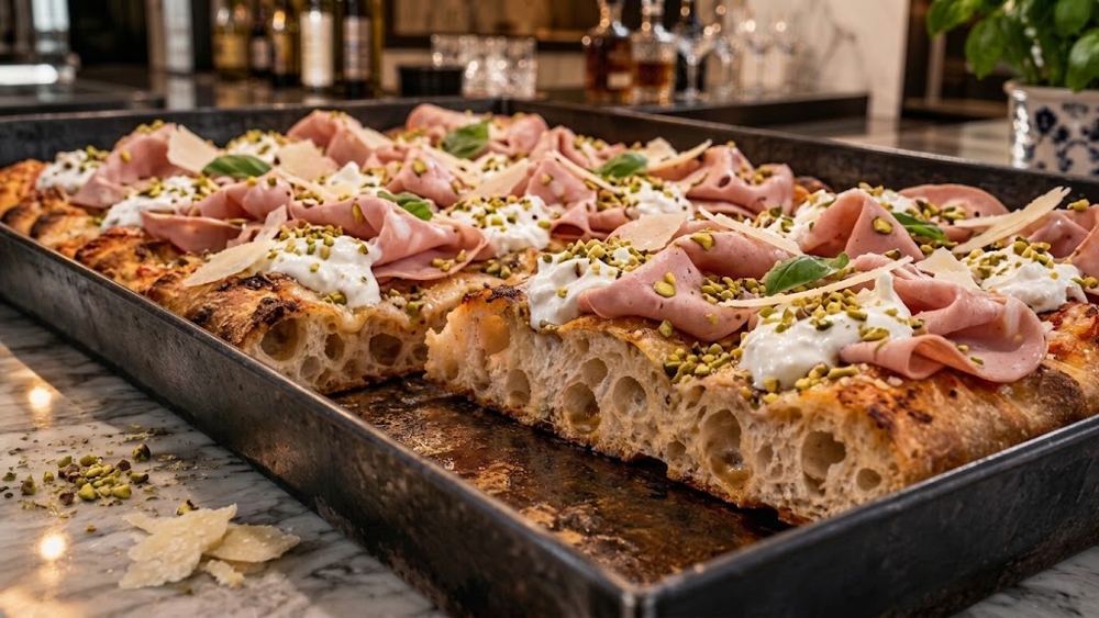 Pizza in teglia Mortadella e Burrata