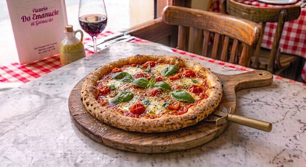 Pizza margherita con tomates cherry recién horneada